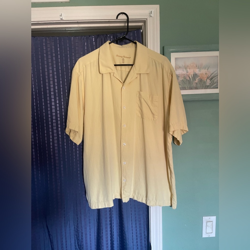 Tommy Bahama Yellow Short Sleeve 100% Silk Casual Button Down Sz XL